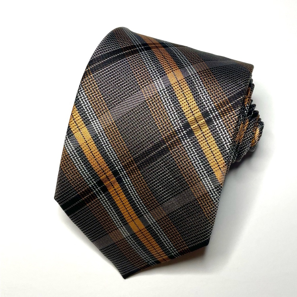 Pronto Uomo Plaid Black Orange Brown 100% Silk Tie
